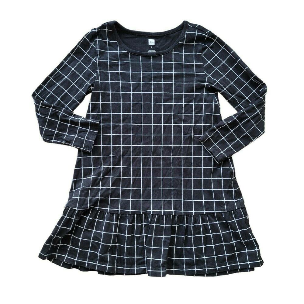 Tea Collection | USA Black Window Pane Plaid Printed Ruffle Dress | 4 years